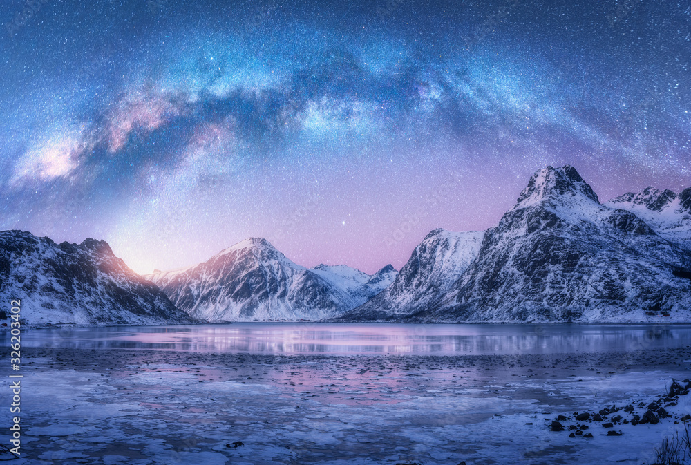 北罗弗敦群岛冬季夜间冰冻海岸和白雪皑皑的山脉上方的银河系