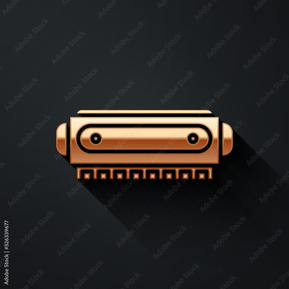 Gold Harmonica icon isolated on black background. Musical instrument. Long shadow style. Vector Illu