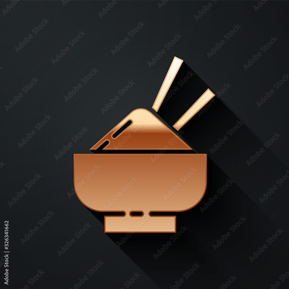 Gold Rice in a bowl with chopstick icon isolated on black background. Traditional Asian food. Long s