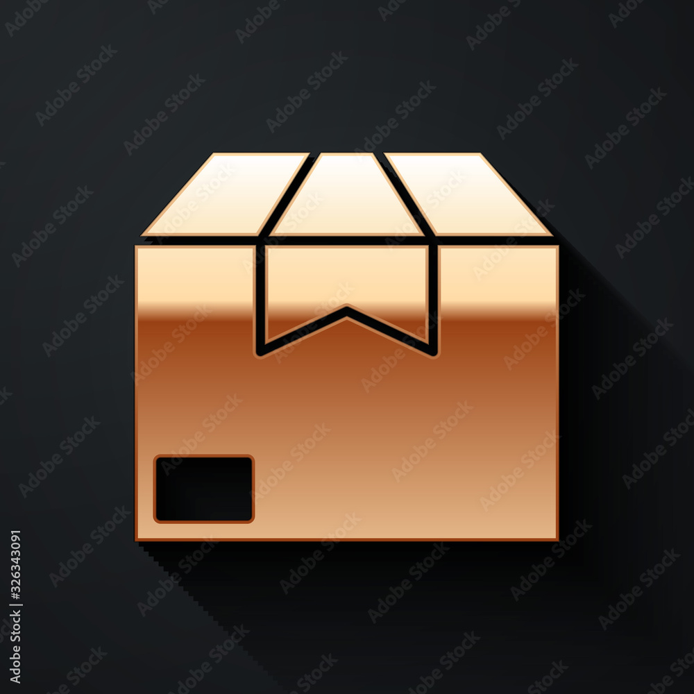黑色背景上隔离的金色纸箱纸板箱图标。箱子、包裹、包裹标志。交付和