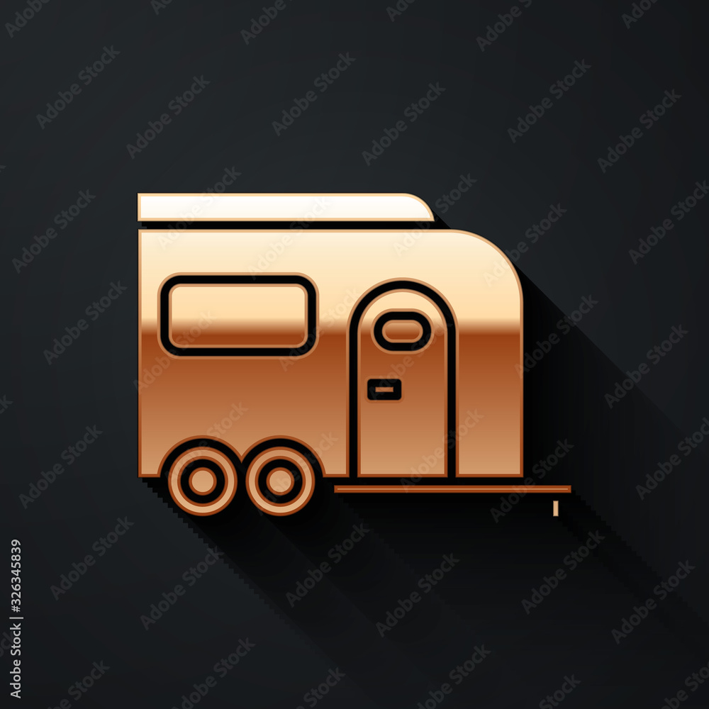 黑色背景上隔离的金色Rv露营拖车图标。旅行移动房屋、房车、家庭露营车