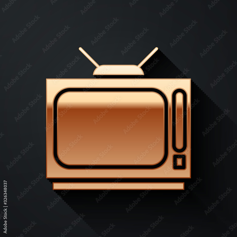 金色复古电视图标隔离在黑色背景上。电视标志。长阴影风格。Vector Illustra