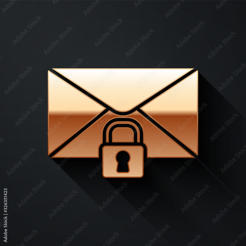 金色邮件邮件锁定密码图标隔离在黑色背景上。带挂锁的信封。私人，s