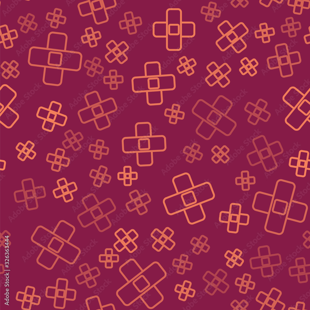 Brown line Crossed bandage plaster icon isolated seamless pattern on red background. Medical plaster