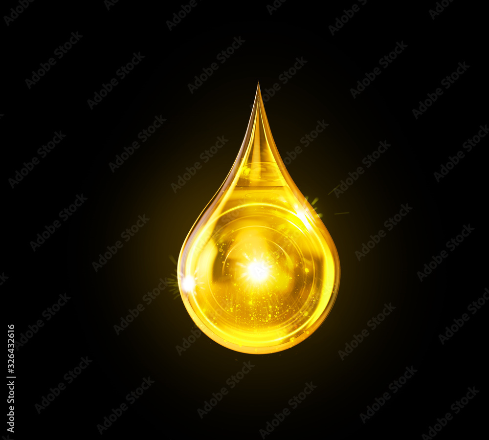 Oil drop isolated on black background, golden yellow liquid or Engine Lubricant oil 3d illustration.