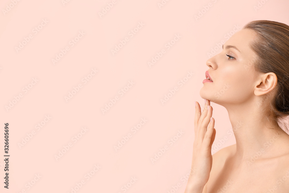 Beautiful young woman on color background. Concept of plastic surgery