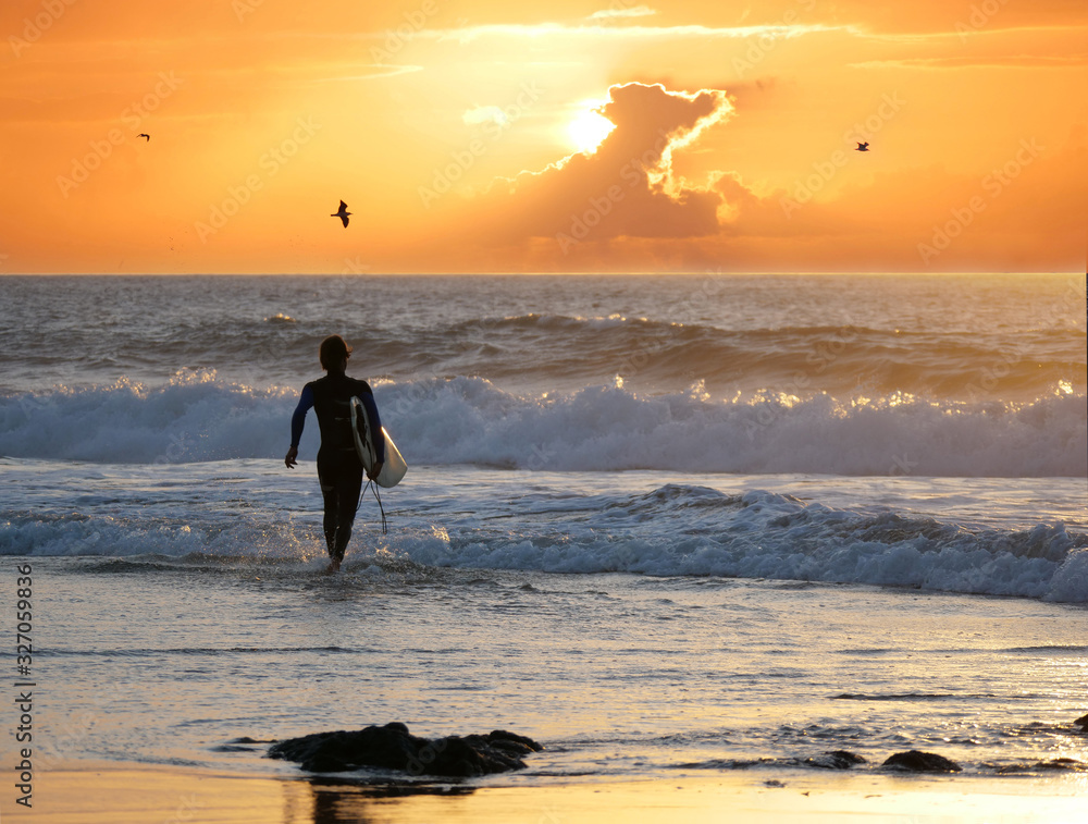 SILHOUETTE: Surfer walking into the water holding surfboard to catch the last waves before the sun s