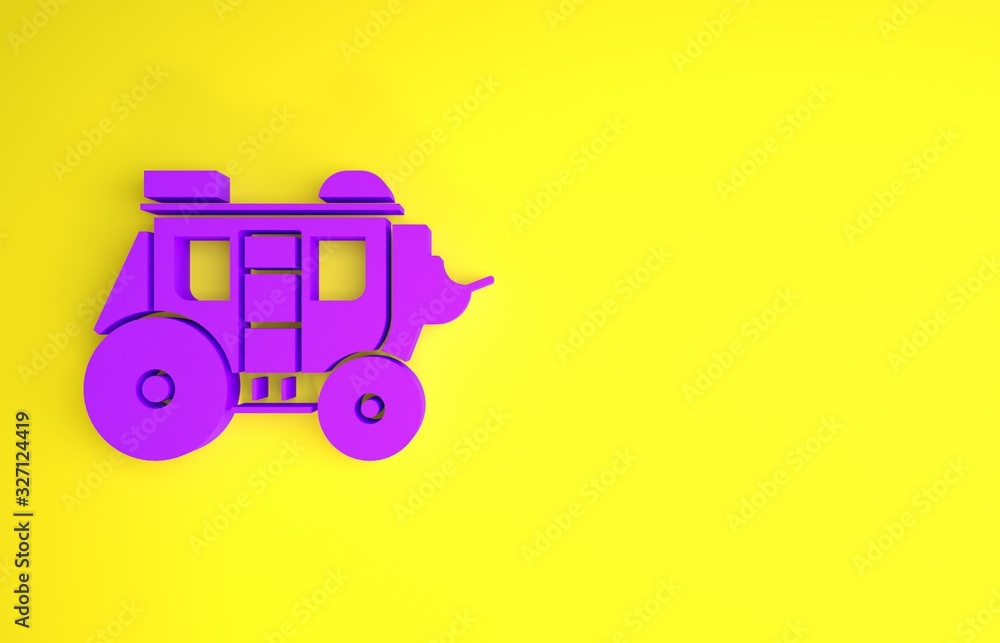 黄色背景上隔离的紫色西方驿站马车图标。极简主义概念。3d插图