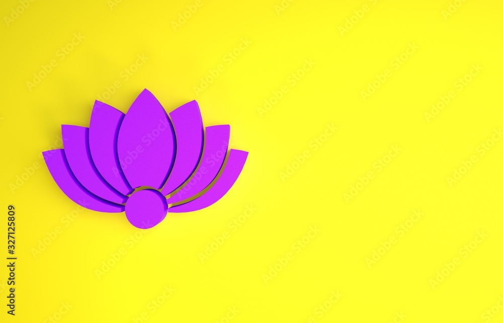 黄色背景上的紫色莲花图标。极简主义概念。3d插图3d rende
