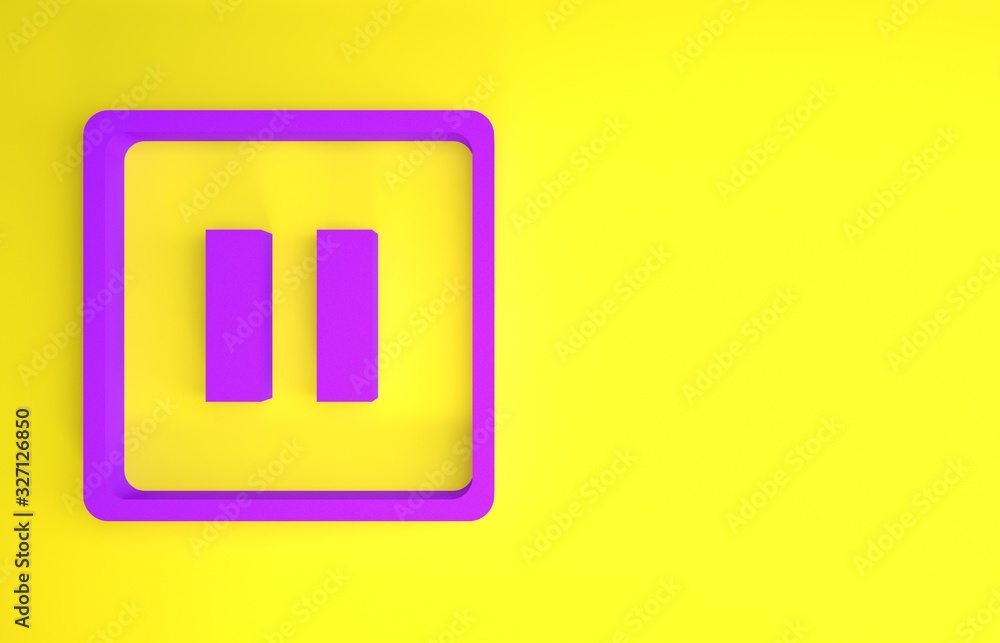 紫色暂停按钮图标隔离在黄色背景上。极简主义概念。3d插图3d rende