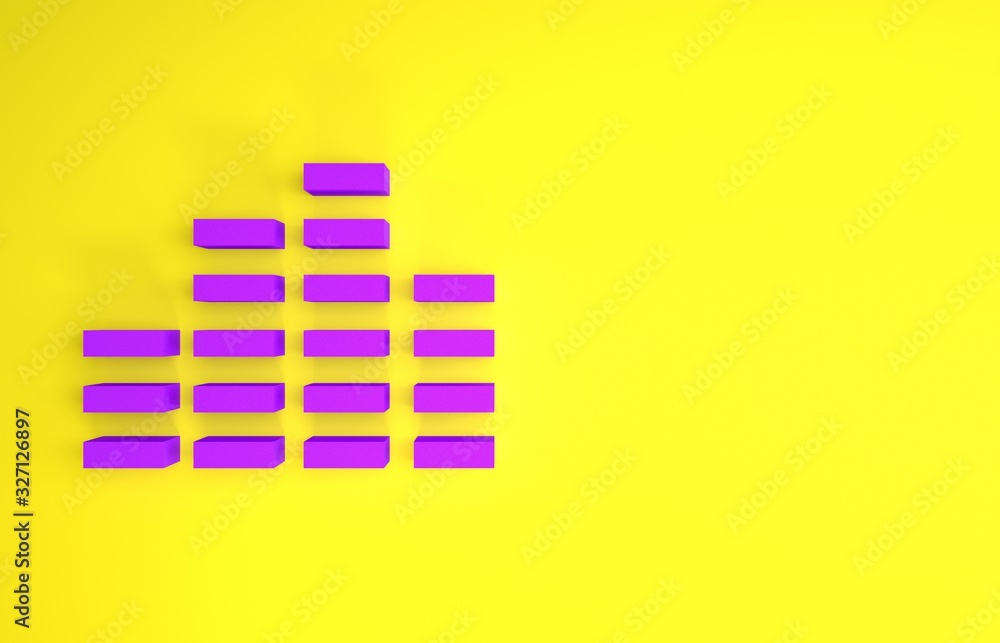黄色背景上隔离的紫色音乐均衡器图标。声波。音频数字均衡器技术