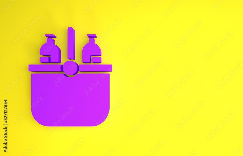 Purple Cooler bag and water icon isolated on yellow background. Portable freezer bag. Handheld refri