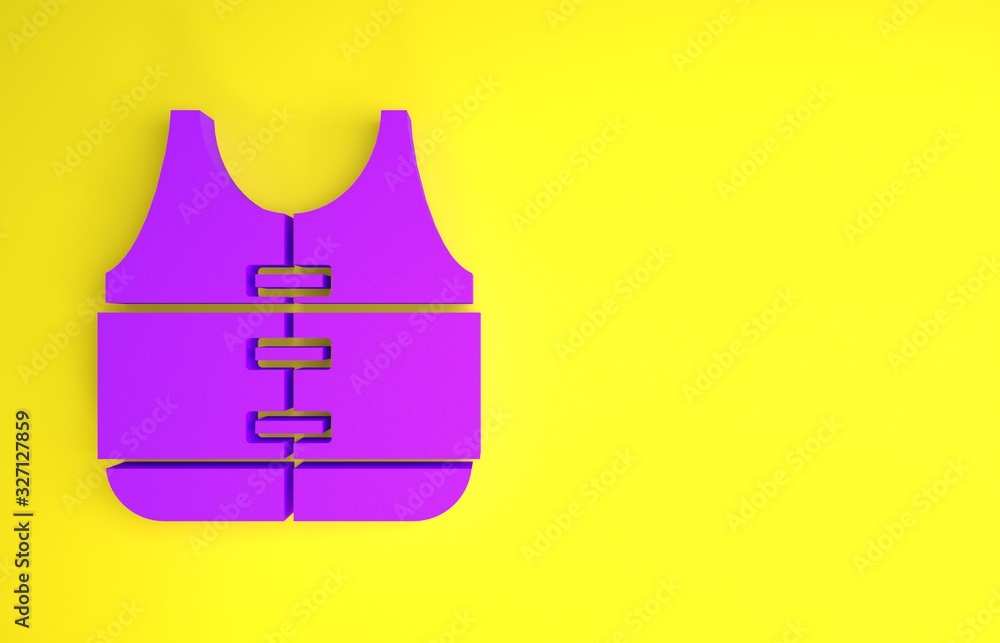 紫色救生衣图标隔离在黄色背景上。救生衣图标。极限运动。运动装备