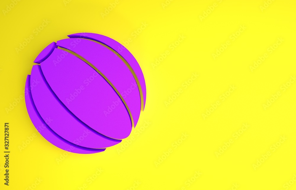 紫色海滩球图标隔离在黄色背景上。极简主义概念。3d插图3d渲染