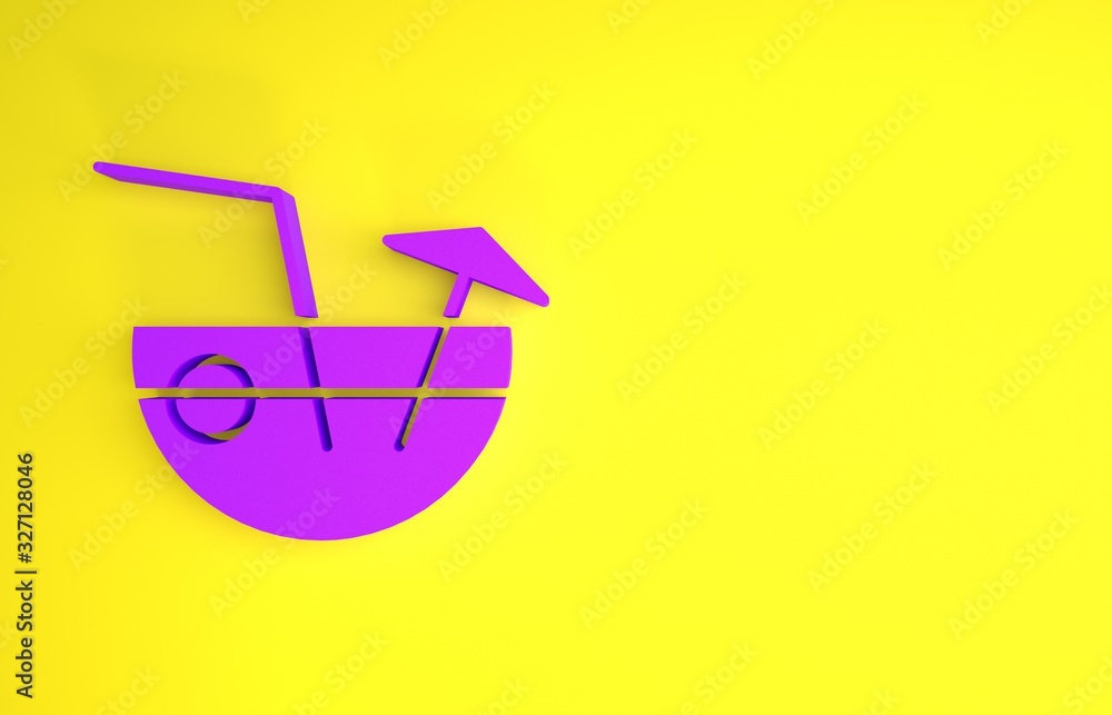 紫色椰子汁异国情调的新鲜鸡尾酒和黄色背景上的雨伞图标。Minimali