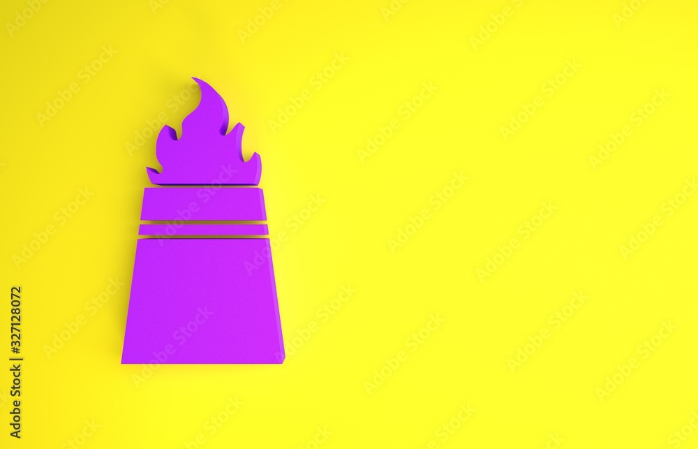 紫色石油钻机，黄色背景上隔离有火灾图标。火灾事故。天然气塔。工业ob