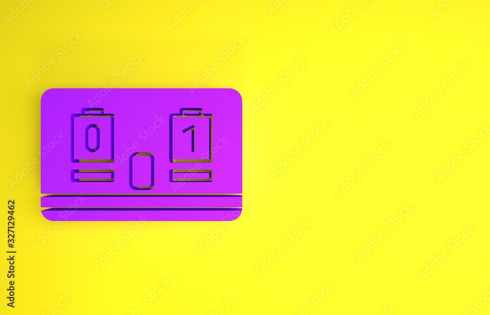 紫色运动曲棍球机械记分牌和结果显示图标隔离在黄色背景上。最小值