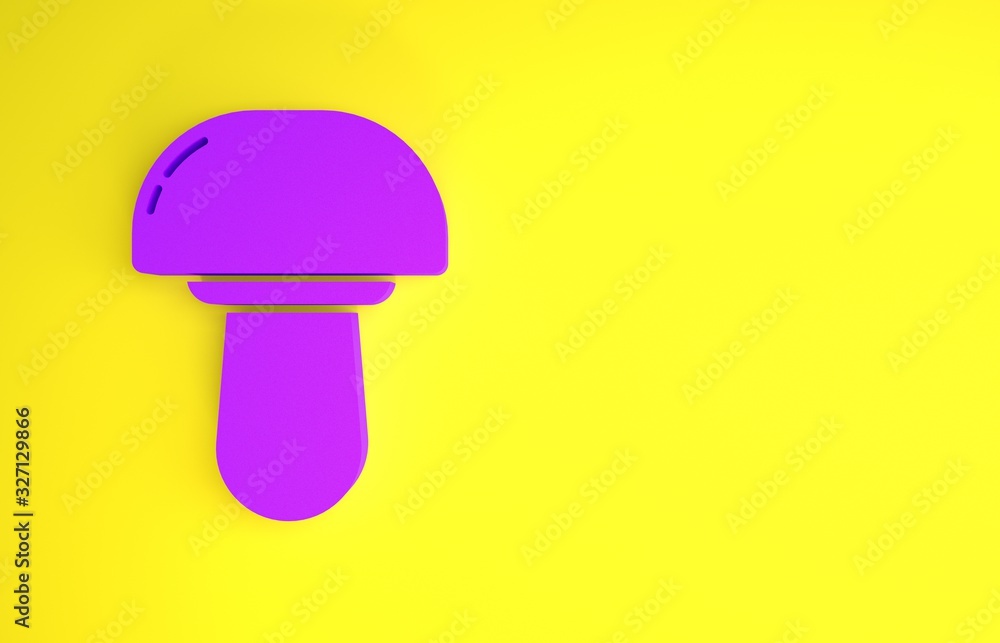 黄色背景上隔离的紫色蘑菇图标。极简主义概念。3d插图3d渲染