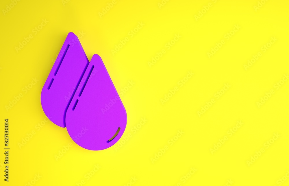 黄色背景上隔离的紫色水滴图标。极简主义概念。3d插图3d渲染