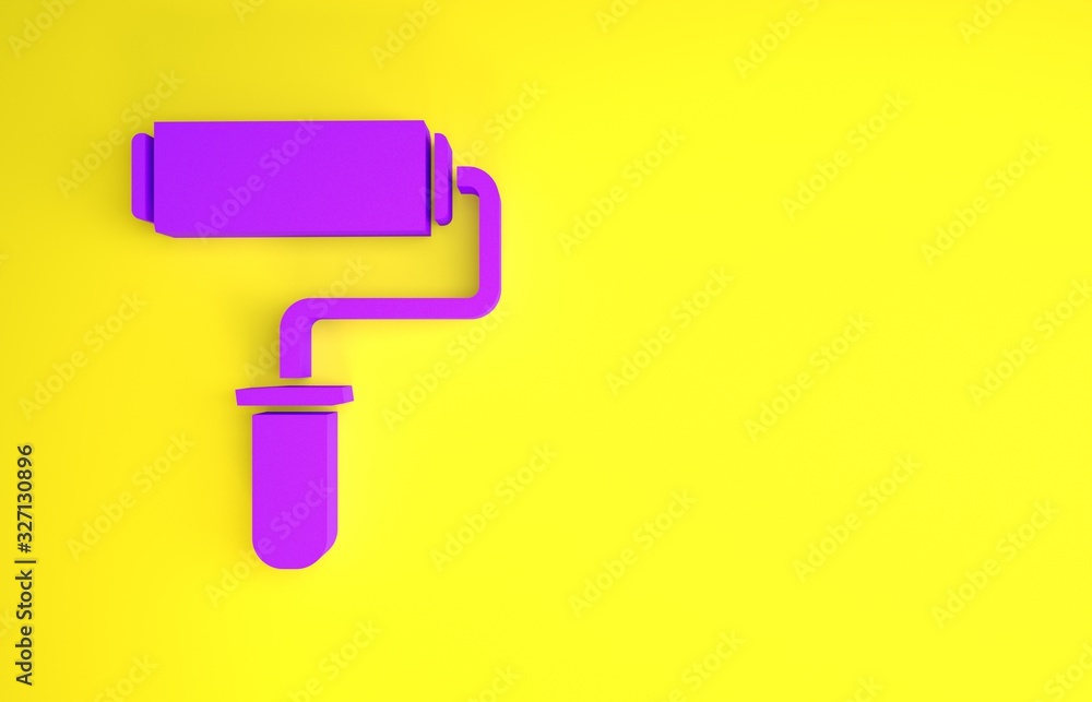 紫色油漆滚筒刷图标隔离在黄色背景上。极简主义概念。三维插图3d