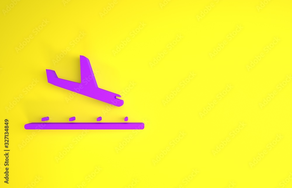 黄色背景上隔离的紫色飞机着陆图标。飞机运输符号。极简主义色彩