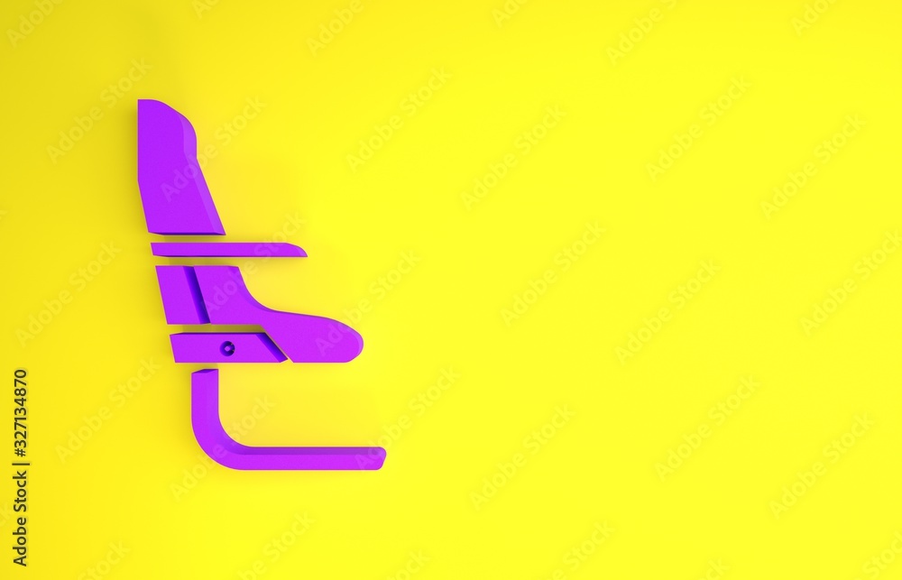 黄色背景上隔离的紫色飞机座椅图标。极简主义概念。3d插图3d趋势
