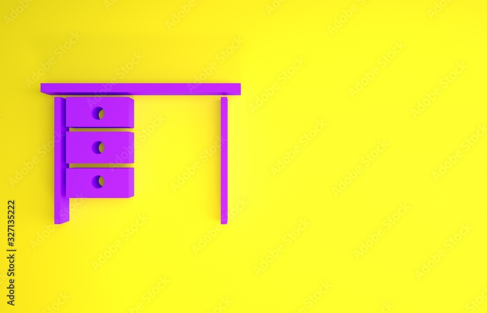 Purple Office desk icon isolated on yellow background. Minimalism concept. 3d illustration 3D render