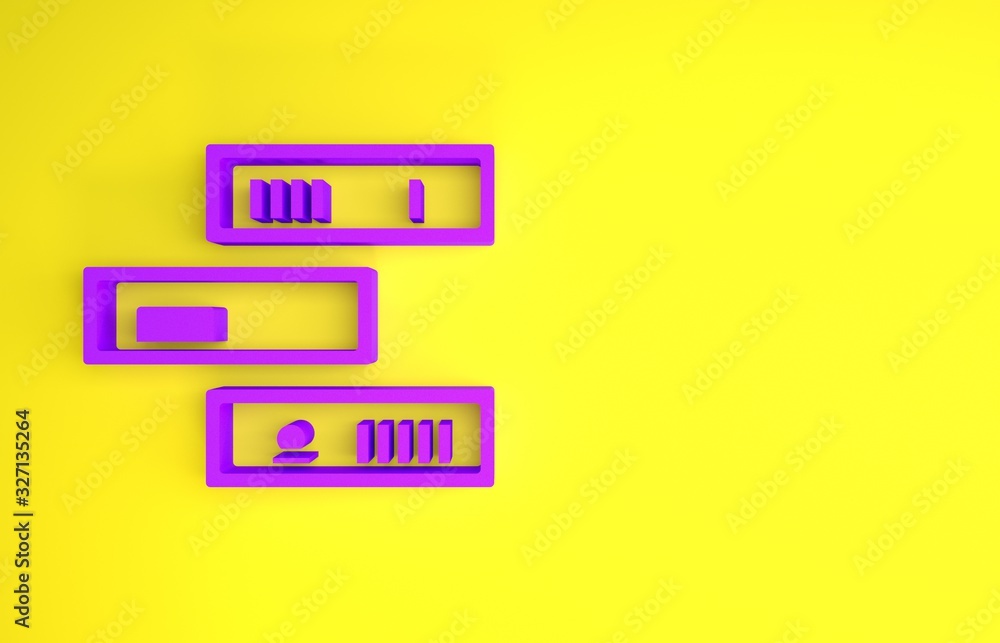 紫色书架，黄色背景上有书籍图标。书架标志。极简主义概念。3d插图