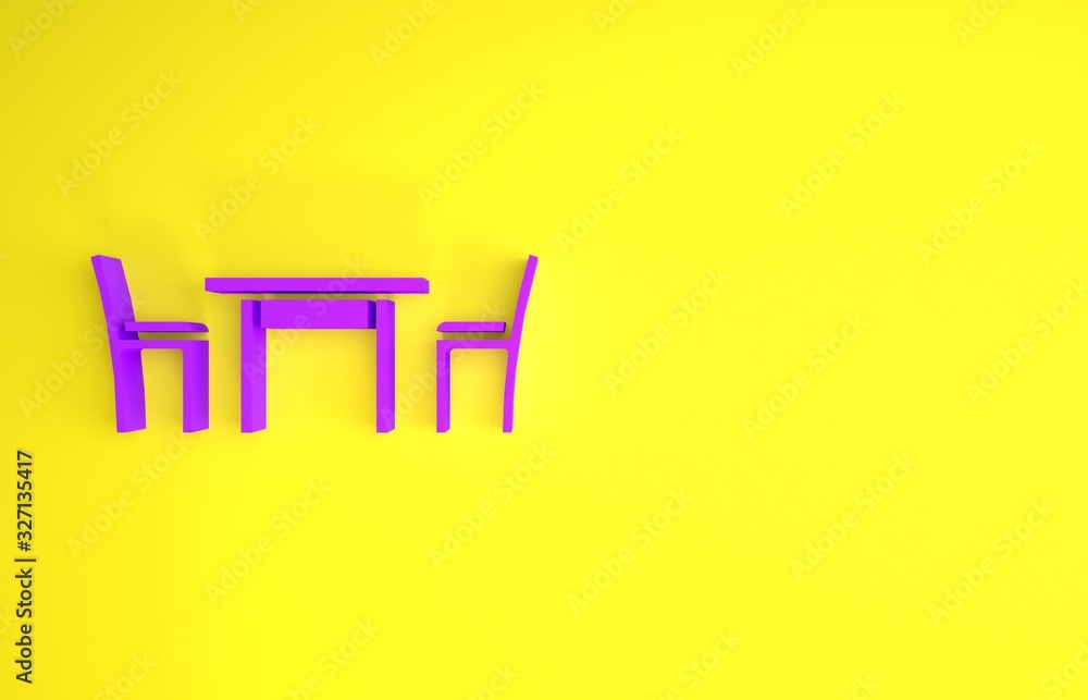紫色木桌，黄色背景上有椅子图标。极简主义概念。3d插图