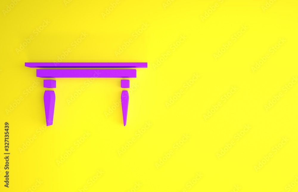 Purple Wooden table icon isolated on yellow background. Minimalism concept. 3d illustration 3D rende