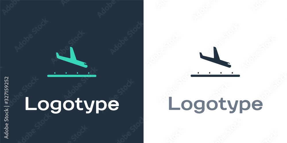 Logotype Plane landing icon isolated on white background. Airplane transport symbol. Logo design tem