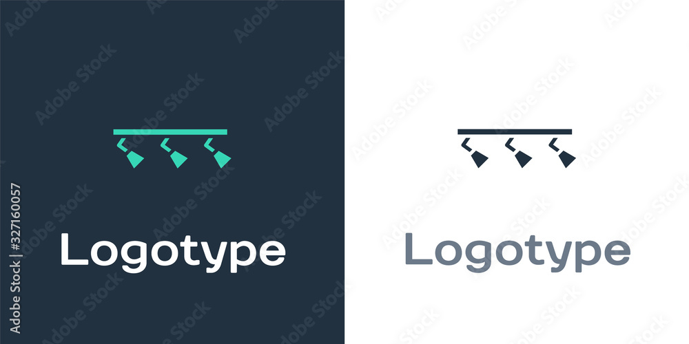 Logotype Led track lights and lamps with spotlights icon isolated on white background. Logo design t