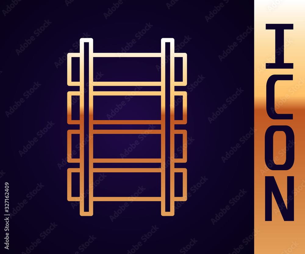 Gold line Railway, railroad track icon isolated on black background. Vector Illustration