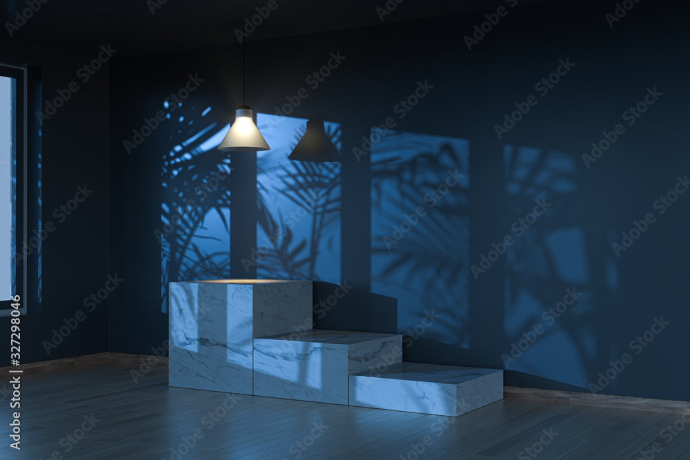 空房间和大理石静物，木制落地灯和天花板，3d渲染。