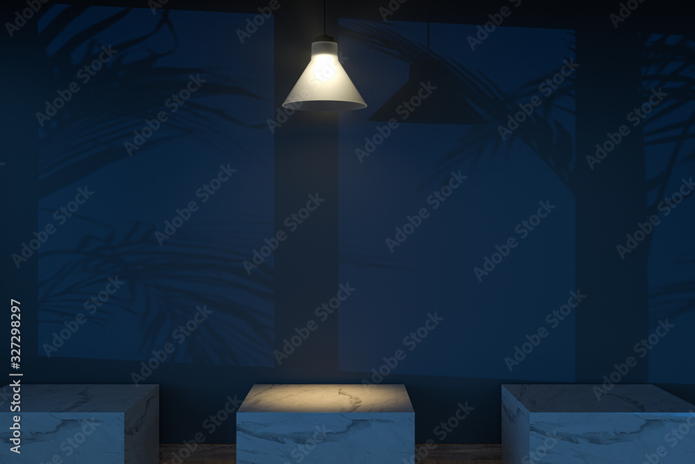 Empty room and marble still life,wooden floor and ceiling lamp,3d rendering.