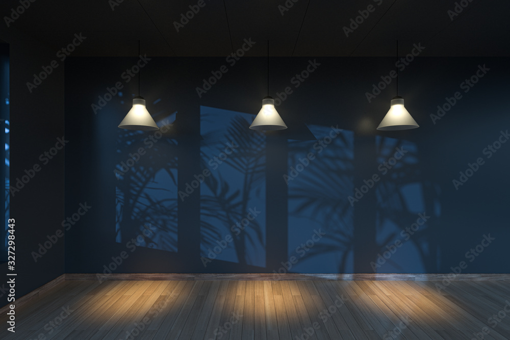 空房间和阴影，木制落地灯和天花板，3d渲染。