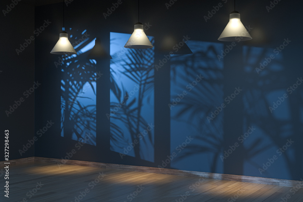 空房间和阴影，木制落地灯和吊灯，3d渲染。