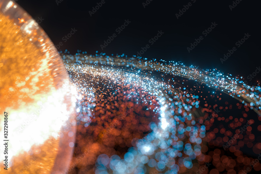 Glowing particles and milky way galaxy,explosive sparks,3d rendering.