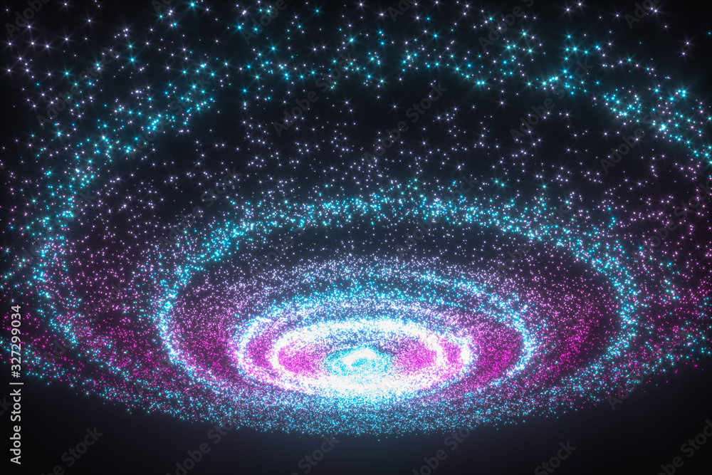 发光的粒子和银河系，爆炸的火花，三维渲染。