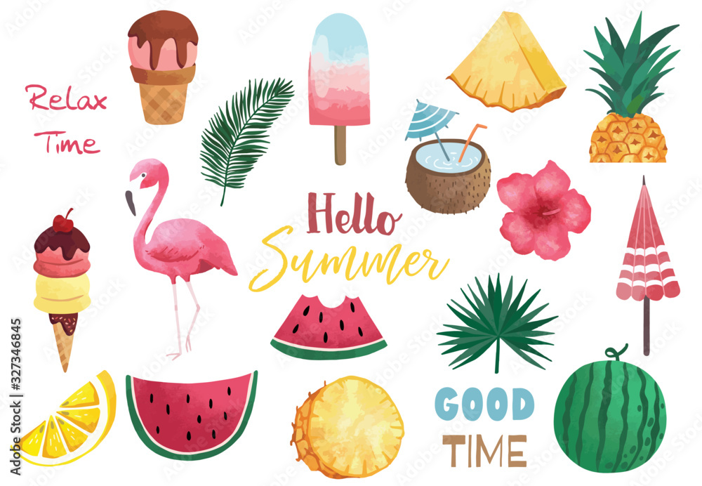 西瓜、柠檬、火烈鸟和冰淇淋的夏季水彩集。我的矢量插图