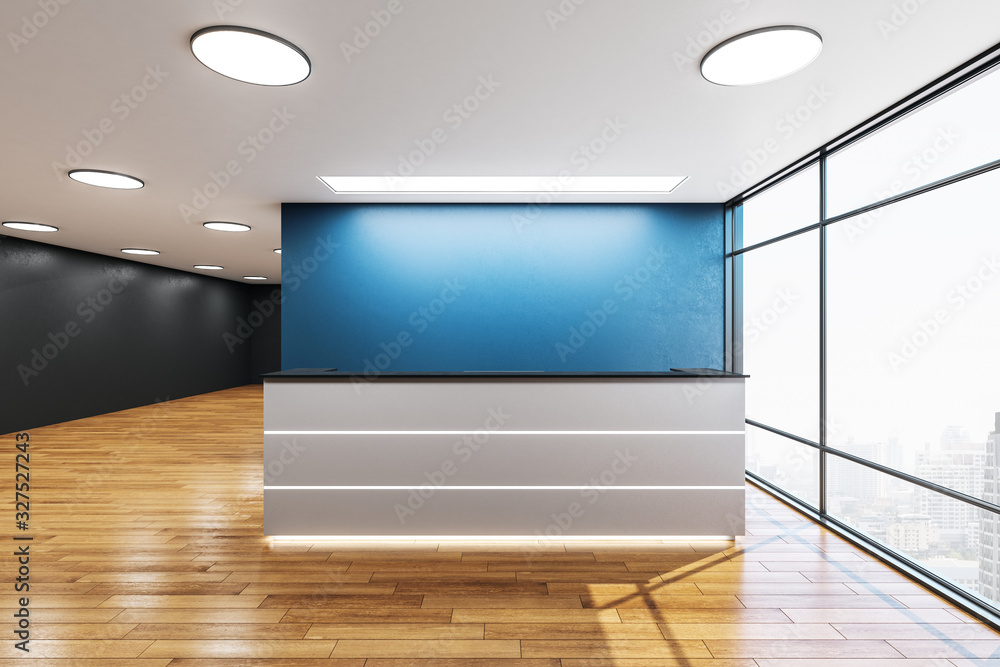 豪华办公厅，蓝色墙上有接待台和复印空间。