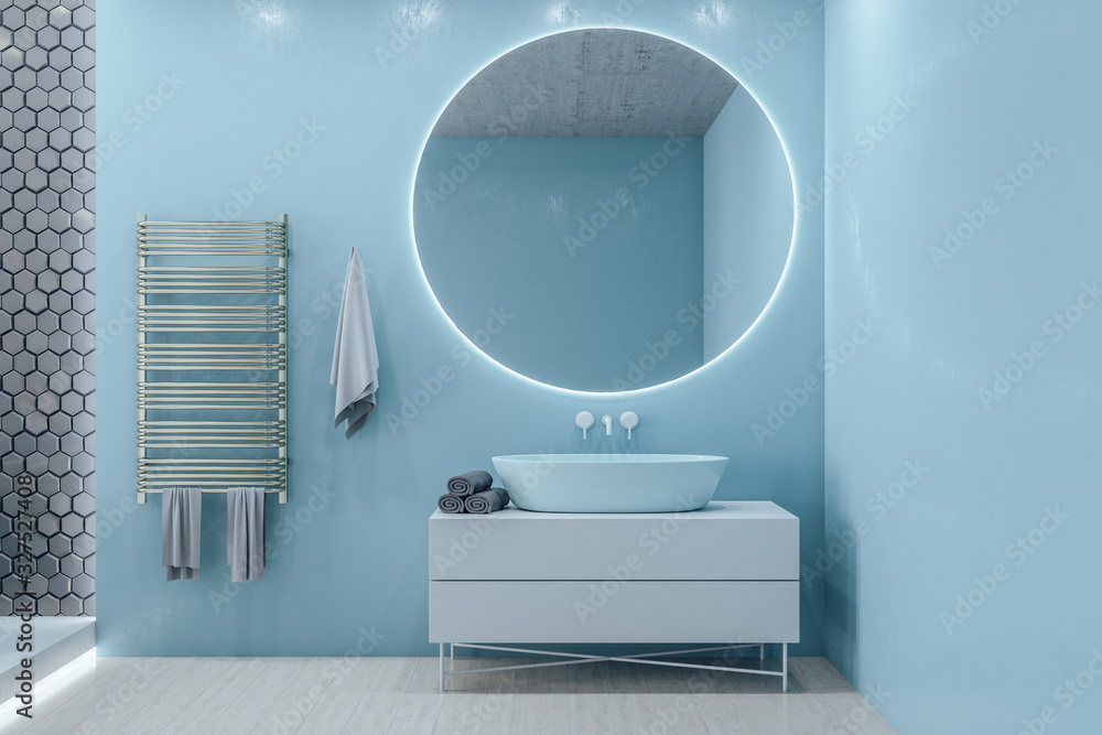 带空白蓝墙的现代阁楼浴室