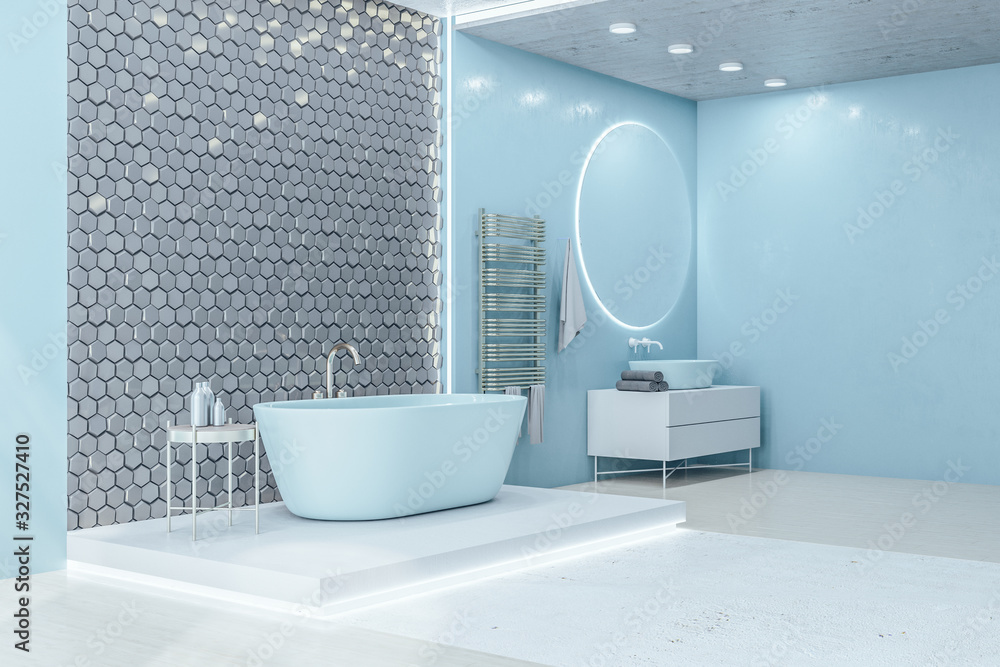 带空白蓝墙的豪华阁楼浴室