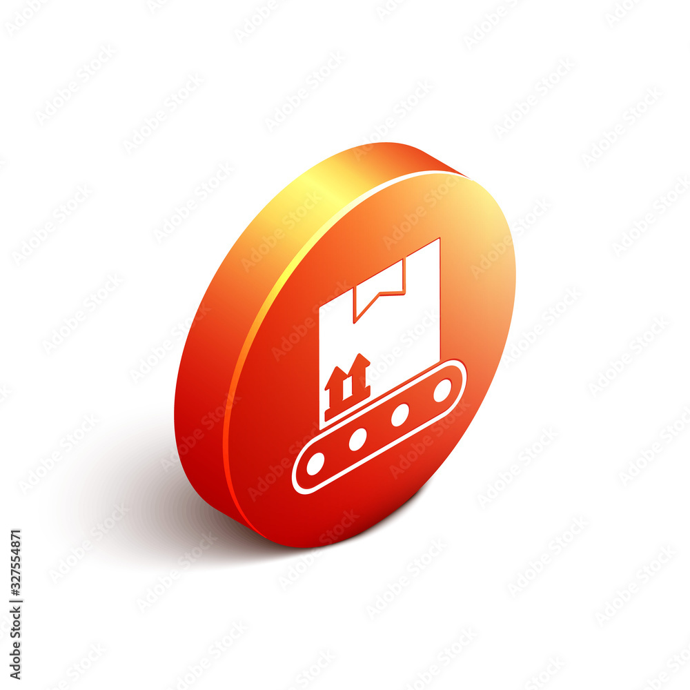 Isometric Conveyor belt with cardboard box icon isolated on white background. Orange circle button. 