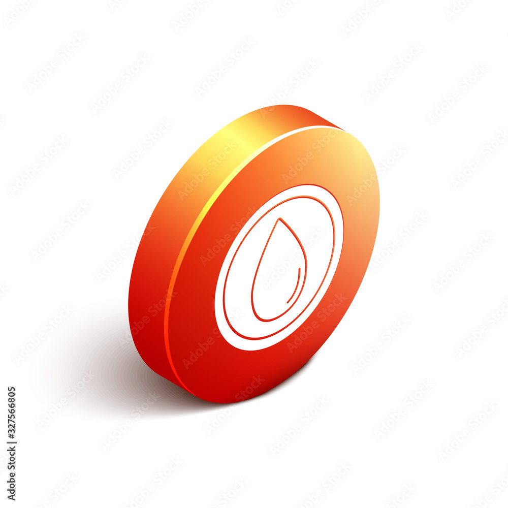白色背景上隔离的等距水滴图标。橙色圆圈按钮。矢量插图