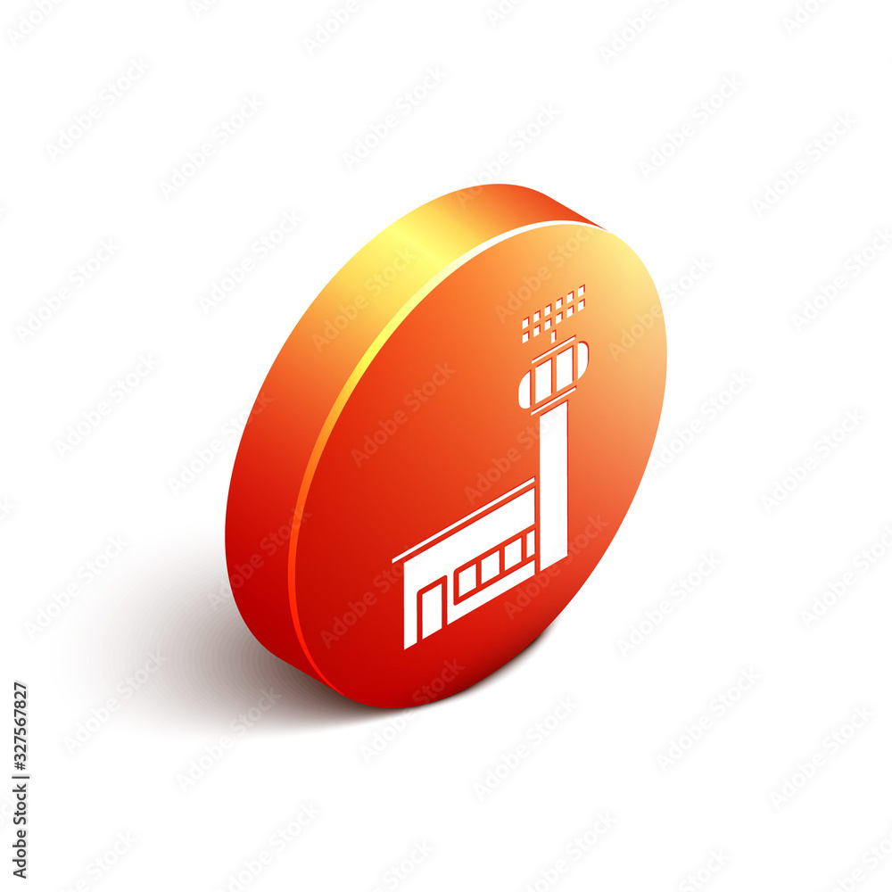 Isometric Airport control tower icon isolated on white background. Orange circle button. Vector Illu