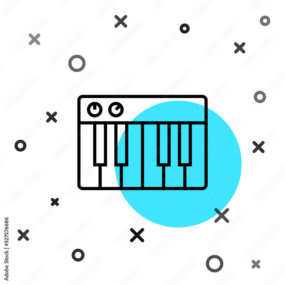 Black line Music synthesizer icon isolated on white background. Electronic piano. Random dynamic sha