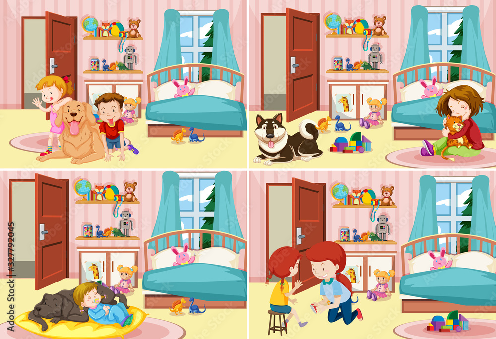 有孩子和宠物的卧室的四个场景