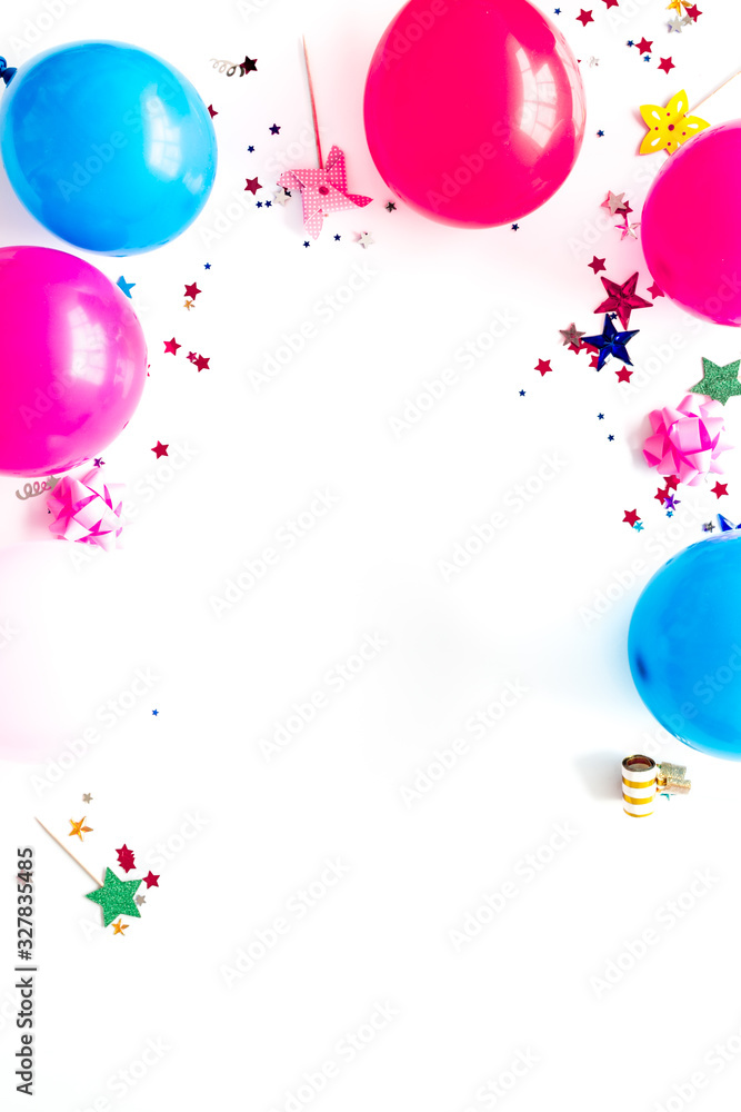 Party concept. Colorful balloons and confetti on white background top-down frame copy space