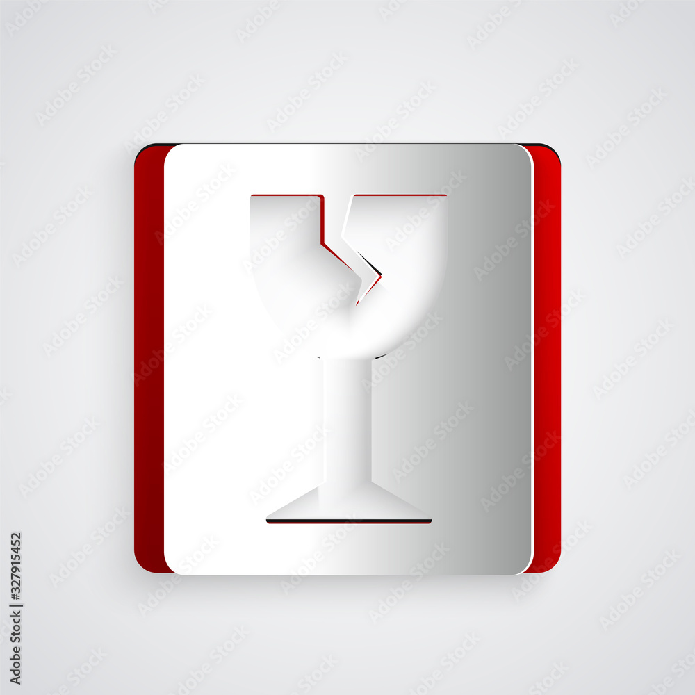 Paper cut Fragile broken glass symbol for delivery boxes icon isolated on grey background. Paper art
